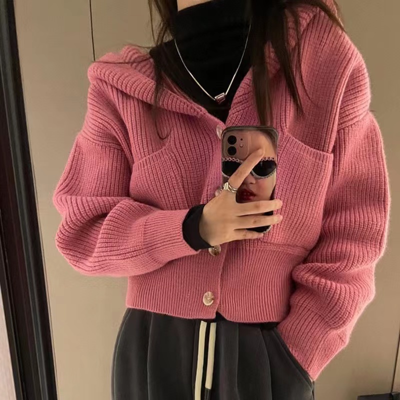 Hooded sweater jacket for women in autumn and winter new style lazy style top gentle loose outer wear chic short knitted cardigan