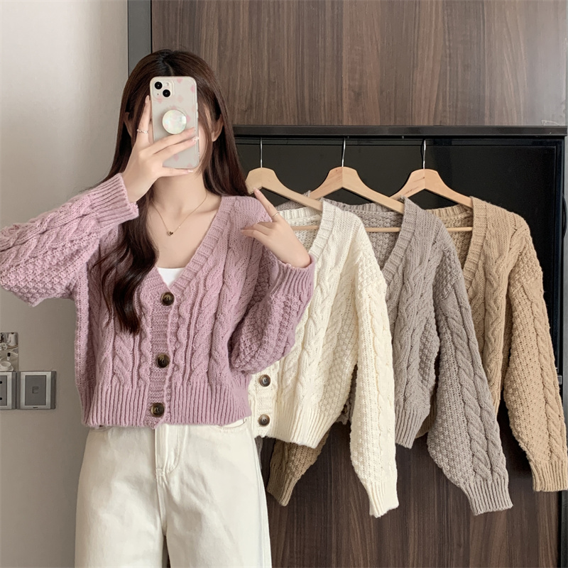 French Twist Sweater Cardigan Jacket Women's Autumn and Winter Sweet V-neck Loose Outerwear Lazy Wind Long-sleeved Knitted Top