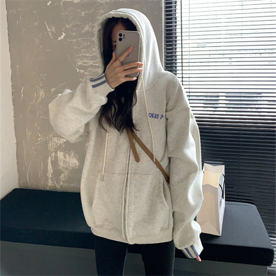 6535 Fish Scale Korean Style Zipper Versatile Embroidered Letters Plus Fleece Cardigan Hooded Sweater Women's Jacket