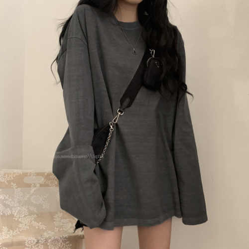 Retro basic solid color autumn bottoming shirt with men's and women's long-sleeved T-shirt bf style