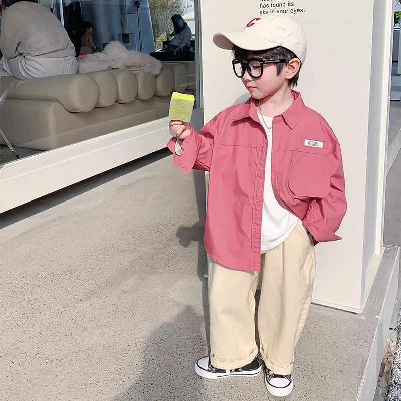 Boys' shirts spring and autumn 2023 new children's shirts pink street handsome little jacket