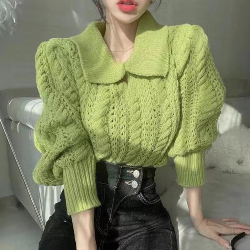 Korean chic autumn and winter retro avocado green POLO collar hollow linen pattern design long-sleeved sweater for women