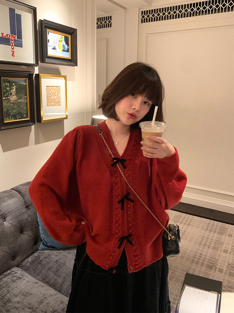 Bowknot Christmas Sweater Coat Women's Slim Knit Cardigan Top