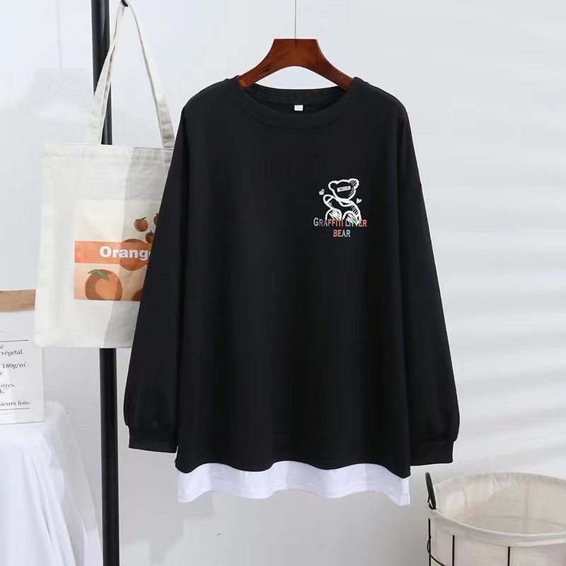 Large size sweater women plus velvet fake two pieces fat mm Korean version lazy wind loose 2023 new long-sleeved top