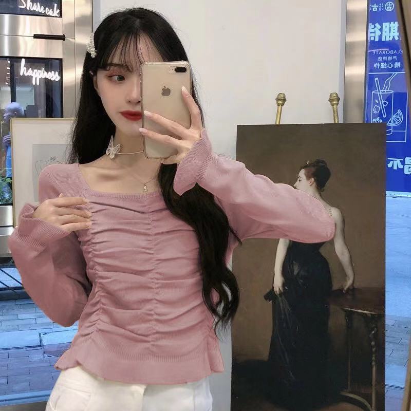2023 Spring and Autumn New Style Square Neck Korean Style Slim Short Style Fashionable Versatile Long Sleeve Sweater Tops Women's Ice Cool Silk