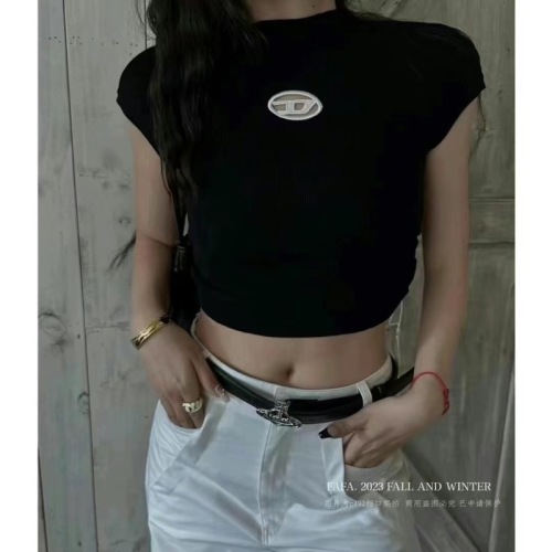 Thirteen lines new American style retro solid color half-high collar slim fit slim waist short-sleeved T-shirt bottoming top women