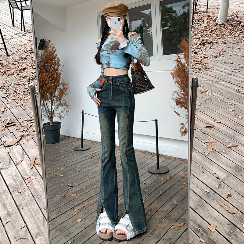 ~Denim flared trousers women's 2023 early autumn new design sense high waist breasted slit leather flared trousers