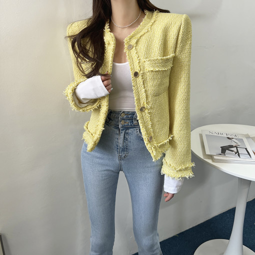 Korean chic autumn new retro temperament round neck single-breasted small fragrance short coat