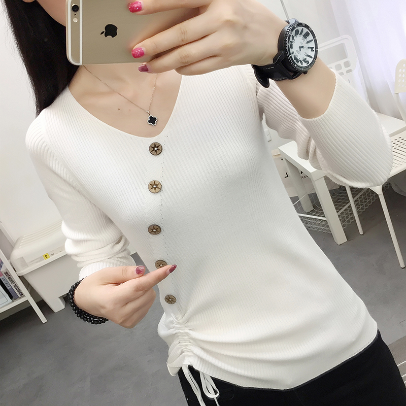 Slim-fitting V-neck sweater for women, autumn short drawstring long-sleeved bottoming shirt, stylish button top