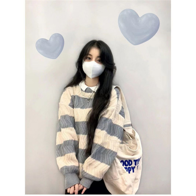 Gentle style striped color block sweater women's autumn and winter new Japanese style sweet lazy style loose breast fufu knitted top