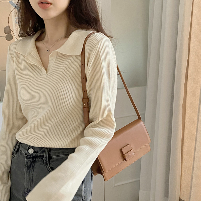 Korean chic temperament lapel V-neck slim fit long-sleeved elastic bottoming knitted sweater for women