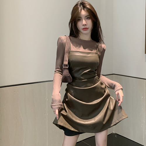 韩版修身打底衫+PU吊带抹胸小皮裙吊带裙套装