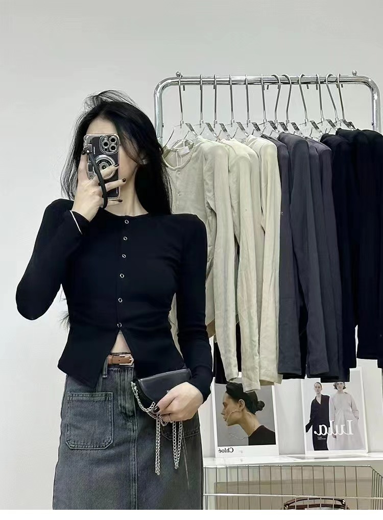 Fold design temperament cardigan long-sleeved T-shirt women's 2023 autumn elastic slim slim top