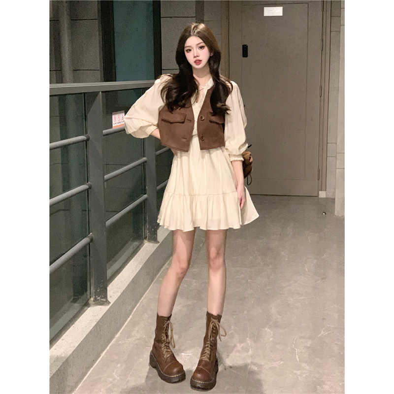 Retro Hong Kong style casual suit women's clothing layered vest vest niche autumn long-sleeved loose dress two-piece set