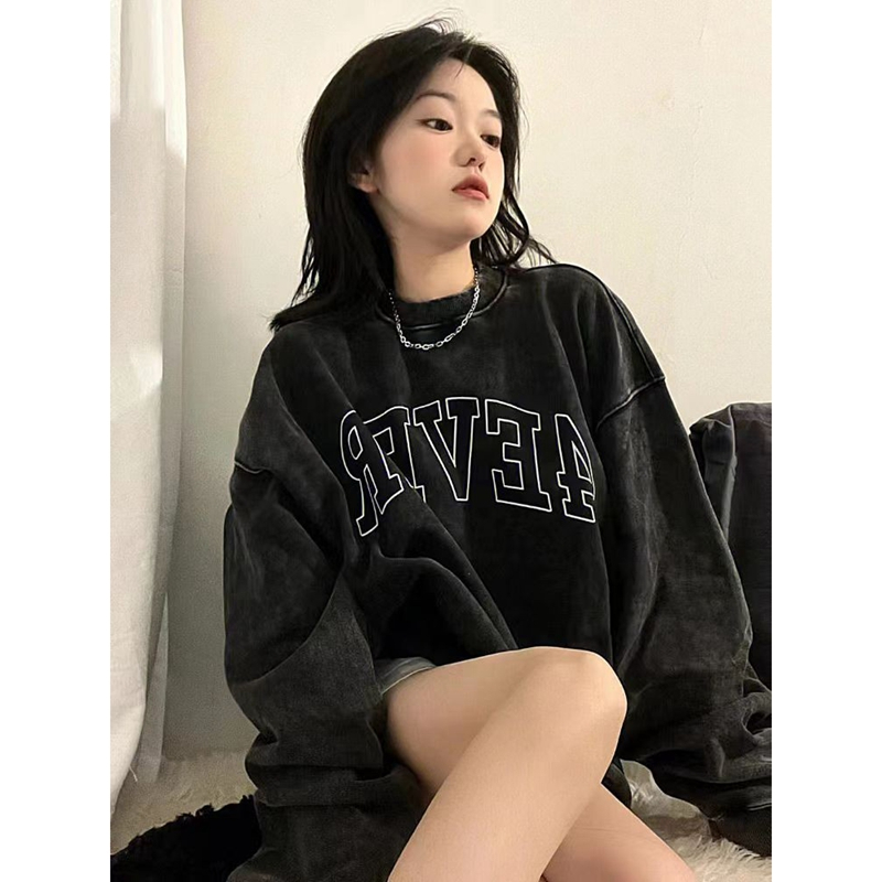 Official picture 6535 fish scale American street trendy brand letter printing washed and old black cotton round neck