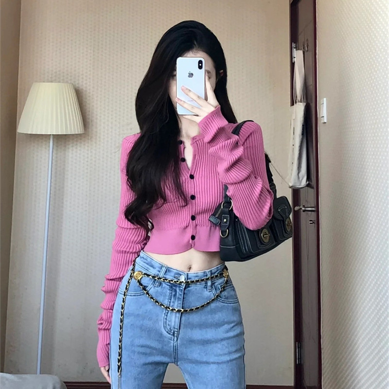 Pure desire pink knitted cardigan women's early autumn thin section gentle slim waist short top