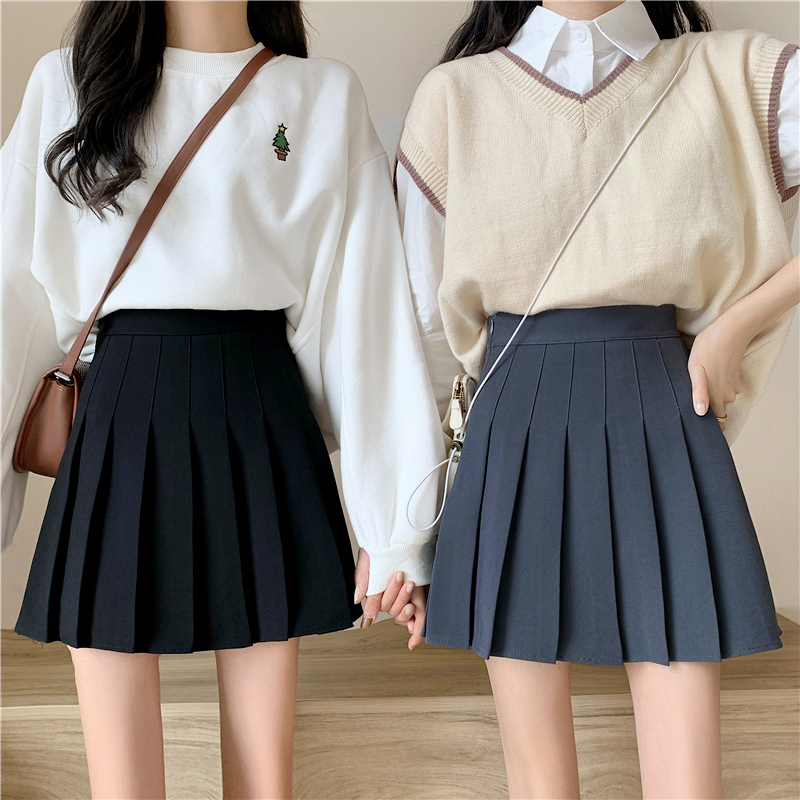 Safety pants + elastic 6CM + zipper new college style high waist slim JK pleated skirt A-line skirt