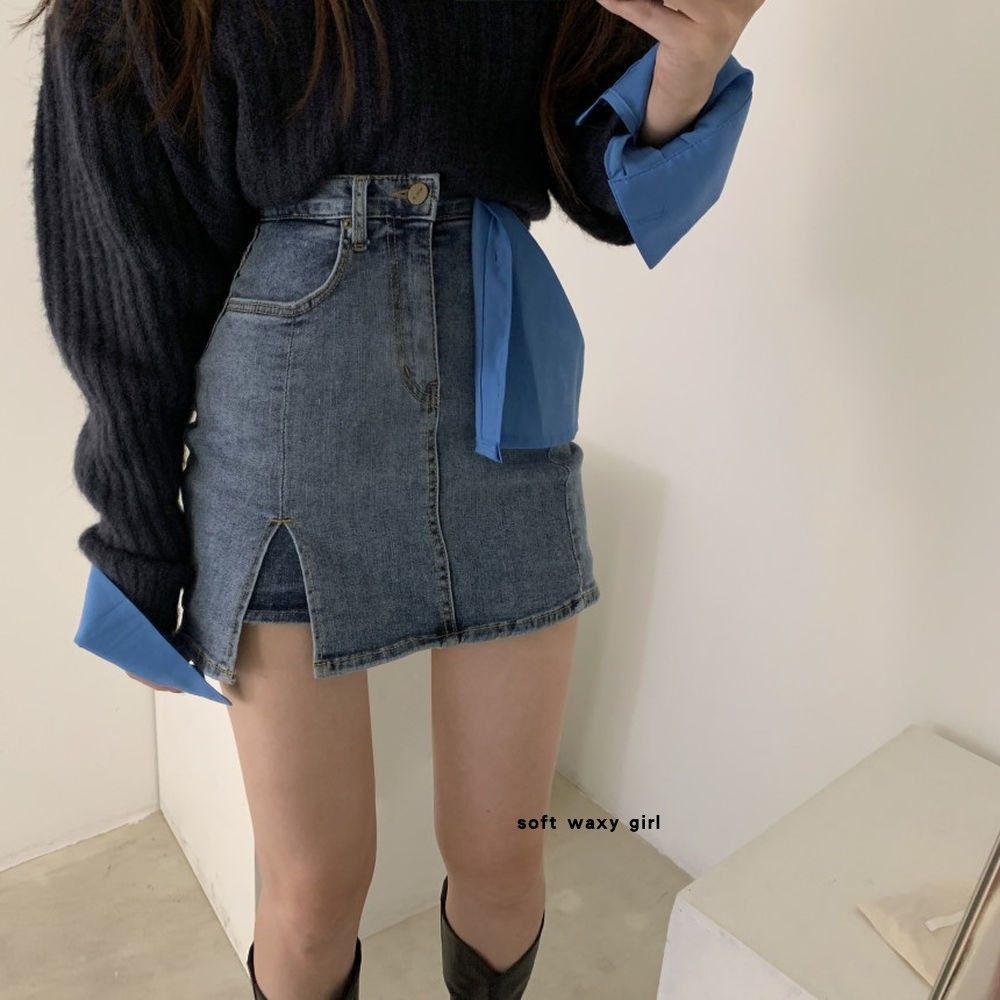 2023 summer Korean version of retro high-waisted little hottie bm style slit elastic hip-covering MM denim short skirt pants