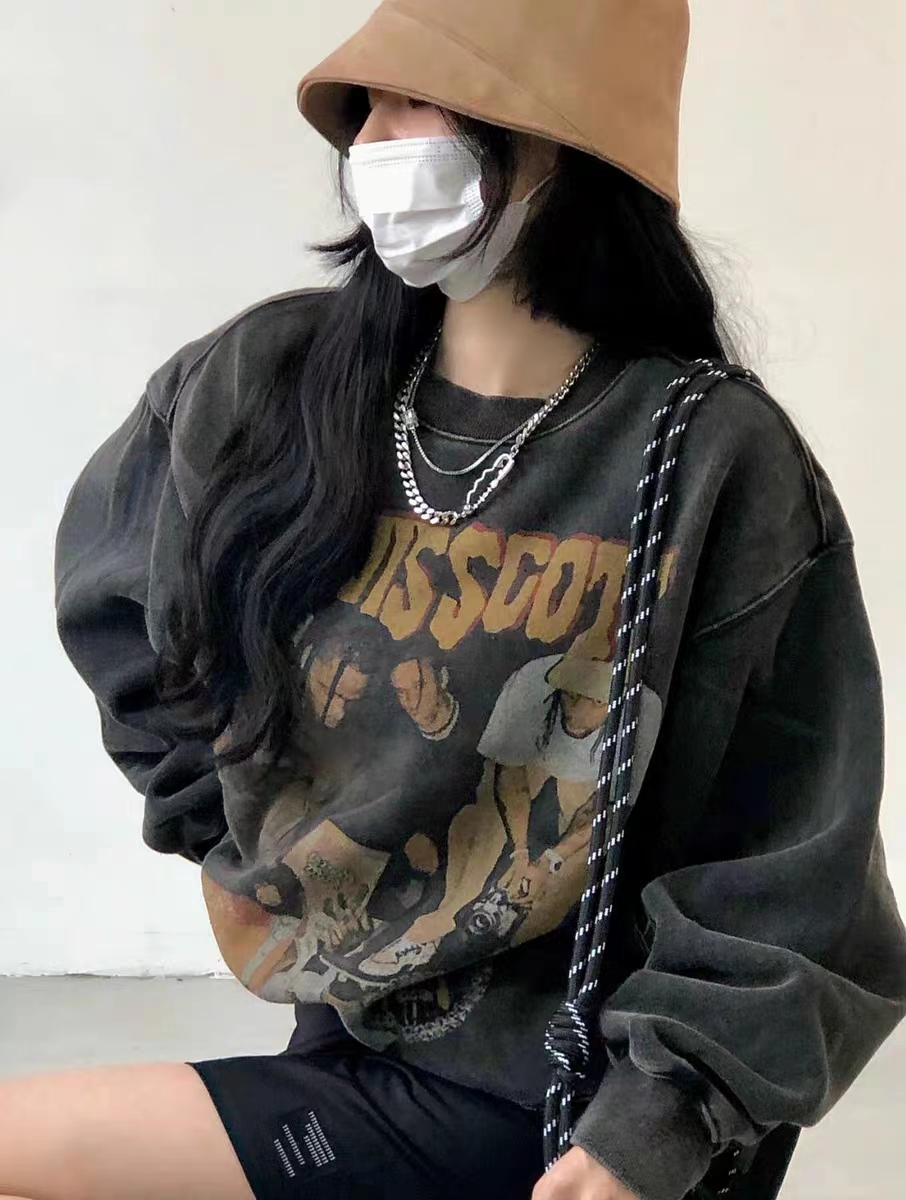 水洗灰純棉美式衛衣oversize小眾高街潮牌ins春秋寬鬆慵懶上衣女