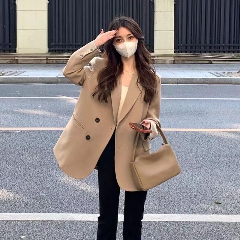 Coffee color suit jacket women's 2023 new Korean version double-breasted loose high-end sense fried street net red casual suit trend