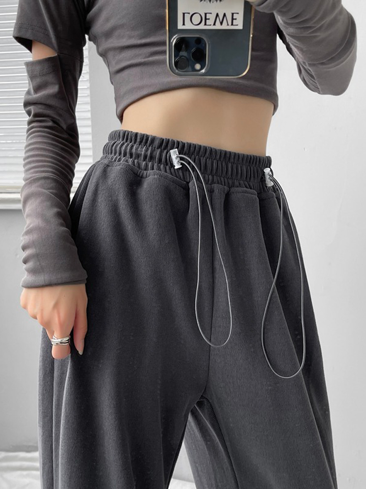 American gray sports pants spring women autumn and winter 2023 new loose beam feet casual plus velvet pants wide leg pants