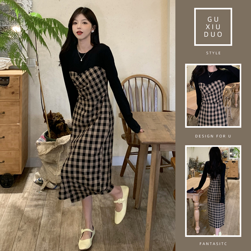 Spring and autumn retro high-end mosaic plaid dress design sense niche narrow waist slimming A-line long skirt