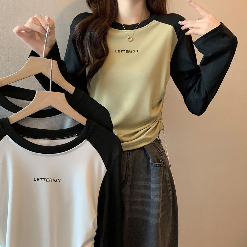 Plus size women's clothing 2023 autumn color contrast drawstring design round neck long sleeve round neck T-shirt top women
