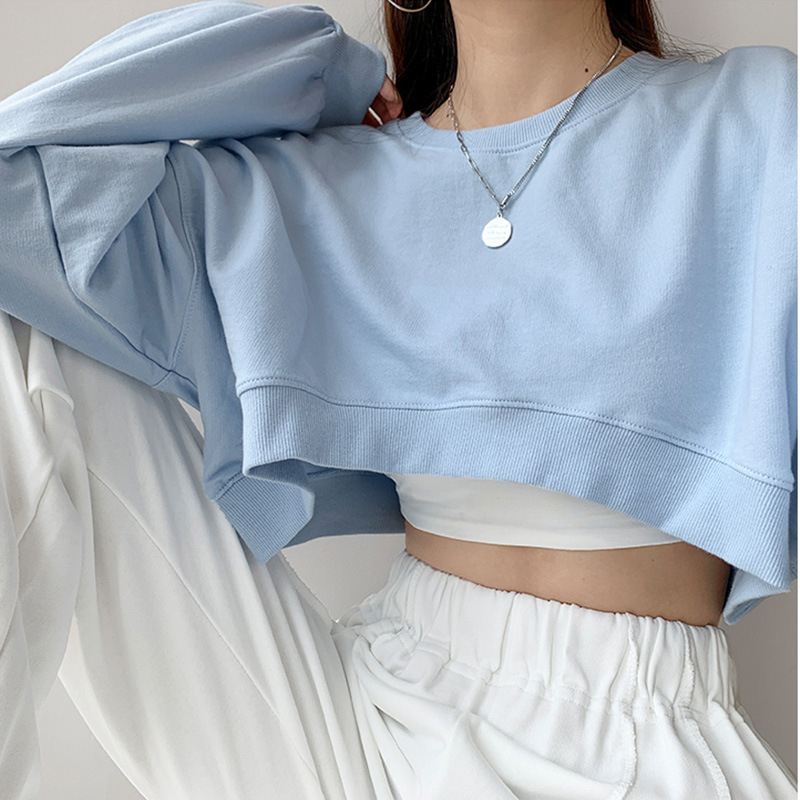 Polyester fish scale short sweater women's autumn Korean solid color new loose round neck women's long-sleeved top