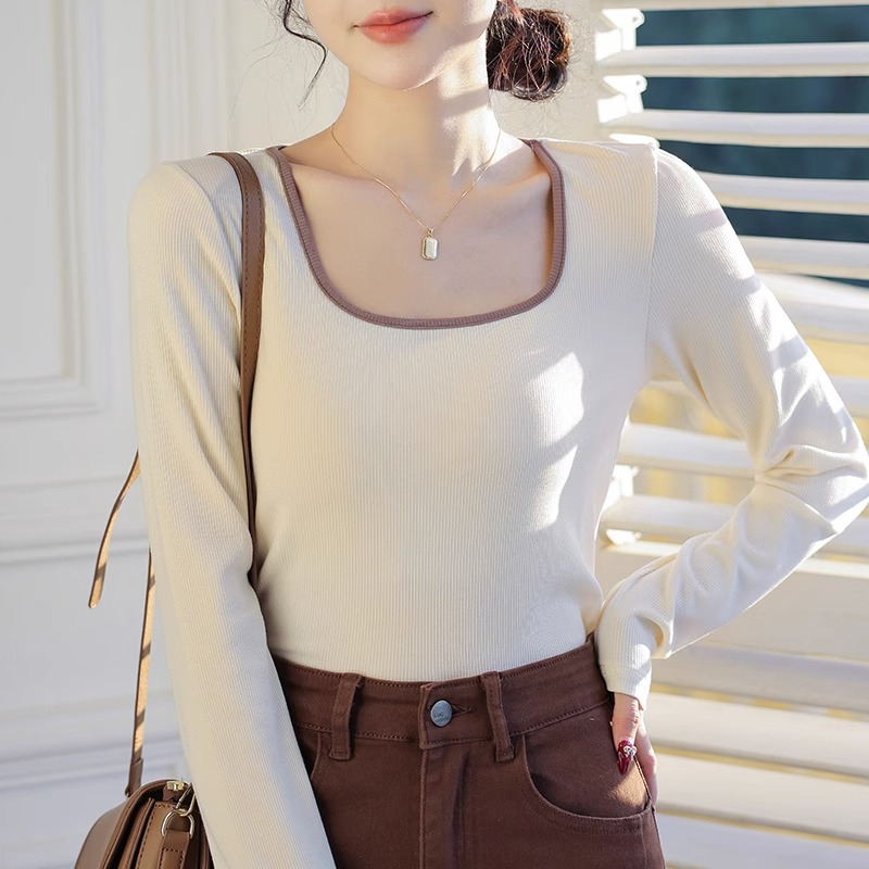 Square neck long-sleeved women's early autumn new European style slim-fitting short tops and bottoming shirts for women