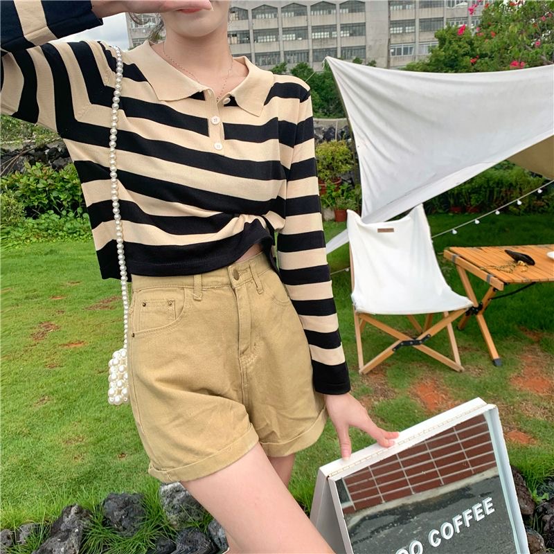2023 new autumn design sense niche polo collar retro striped long-sleeved t-shirt women's high waist short top