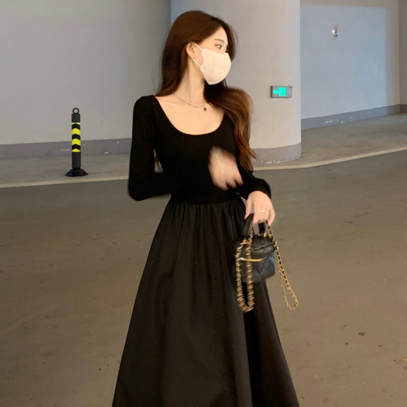 Hepburn style black long-sleeved dress women's early autumn new high-end temperament temperament waist slimming a-line long skirt