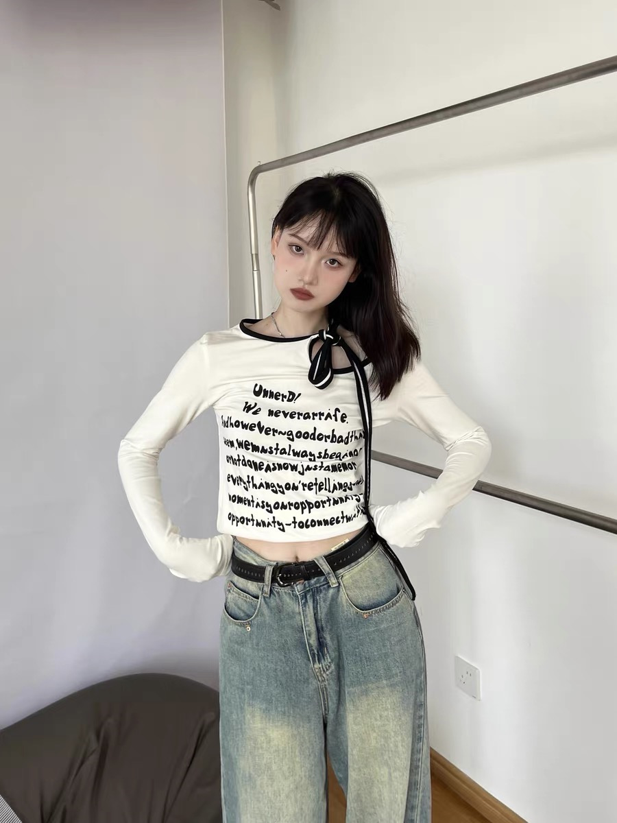 Design sense versatile personality temperament hollow irregular strap letter print long-sleeved T-shirt female