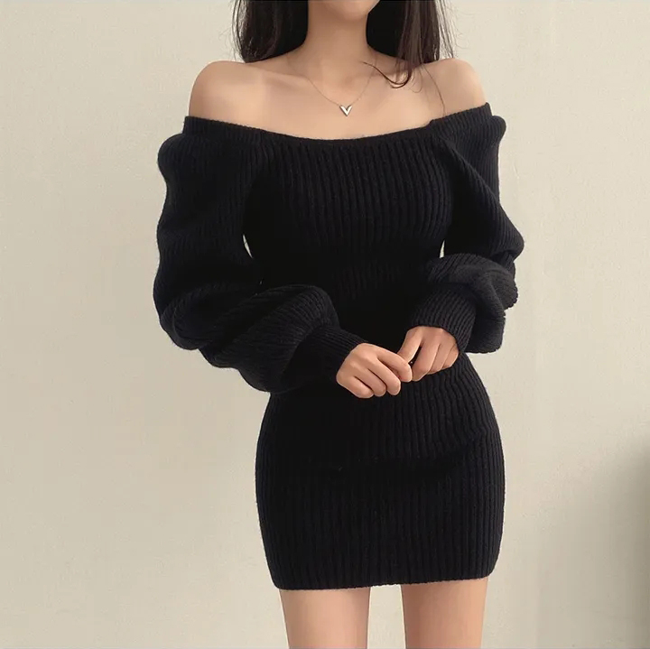 Korean style sweater dress mid-length solid color square collar lantern sleeves pullover slim-fit knitted sweater dress