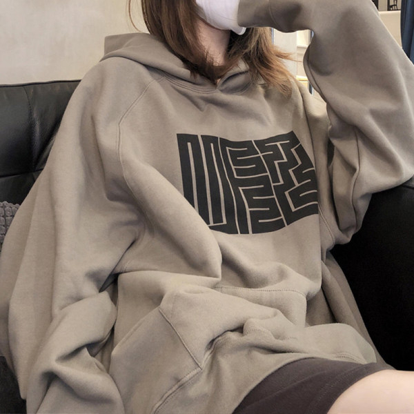 2023 retro fleece sweater women's autumn and winter new Korean version student print hooded loose coat