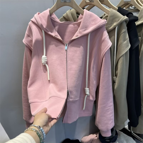 Early autumn design sense niche pink hooded zipper sweater jacket women spring and autumn 2023 new small man