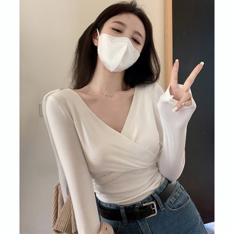 French deep V-neck sexy cross bottoming shirt women's long-sleeved T-shirt slim and high-level sense of net red temperament top autumn