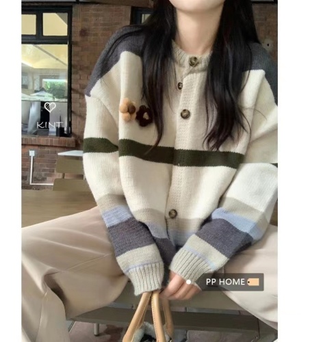 High quality 2023 spring and autumn new color contrast striped sweater women's lazy wind top knitted cardigan jacket