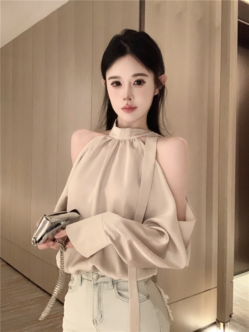 French satin elegant long-sleeved shirt off-shoulder halter neck ribbon top