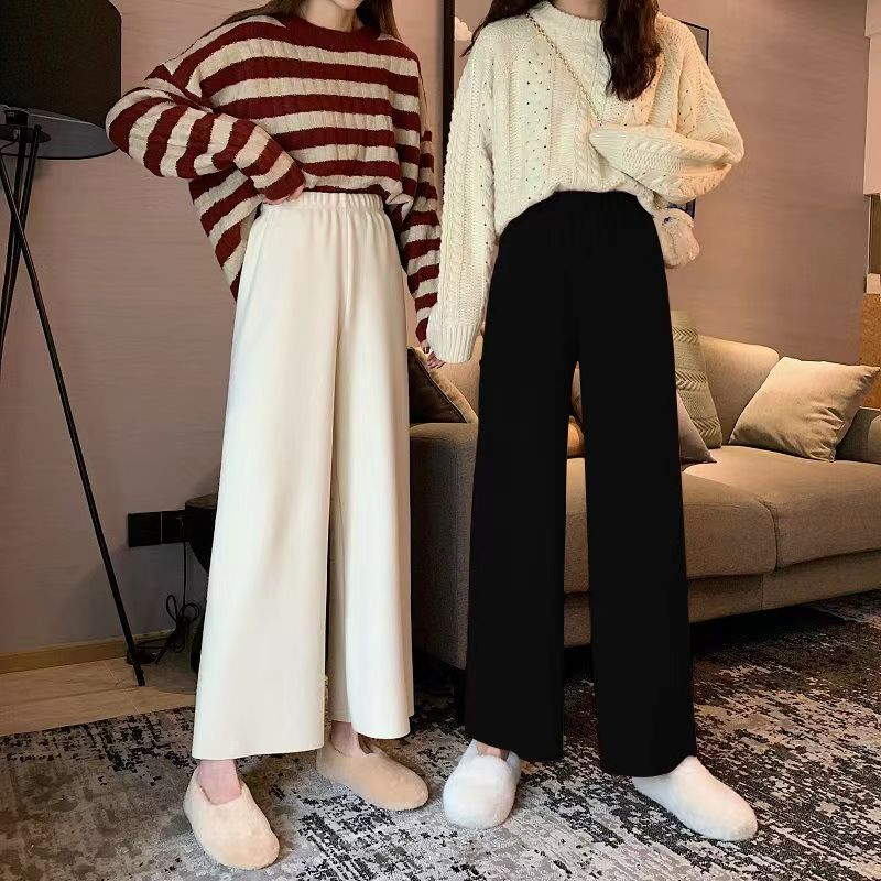 2023 Composite Velvet Thickened Wide Leg Pants Women's Winter Drapey Korean Style New Elastic Waist Pants