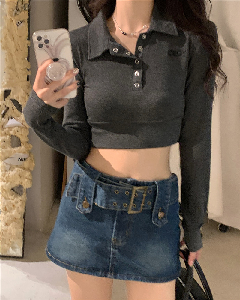 Heart-catching hot girl ~ autumn embroidery letters short polo shirt slim fit all-match lapel long-sleeved t-shirt top