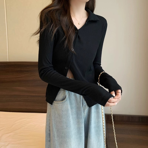 Polo collar long-sleeved T-shirt women's spring and autumn slit fork hot girl pure desire self-cultivation top bottoming shirt