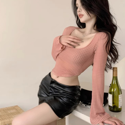 Pure desire style square collar long-sleeved T-shirt women's spring and autumn hot girl waist tight short bottoming top