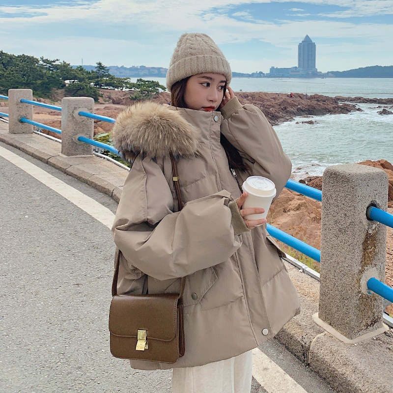 2023 new winter Korean style hooded celebrity style solid color casual big fur collar down cotton coat women's coat