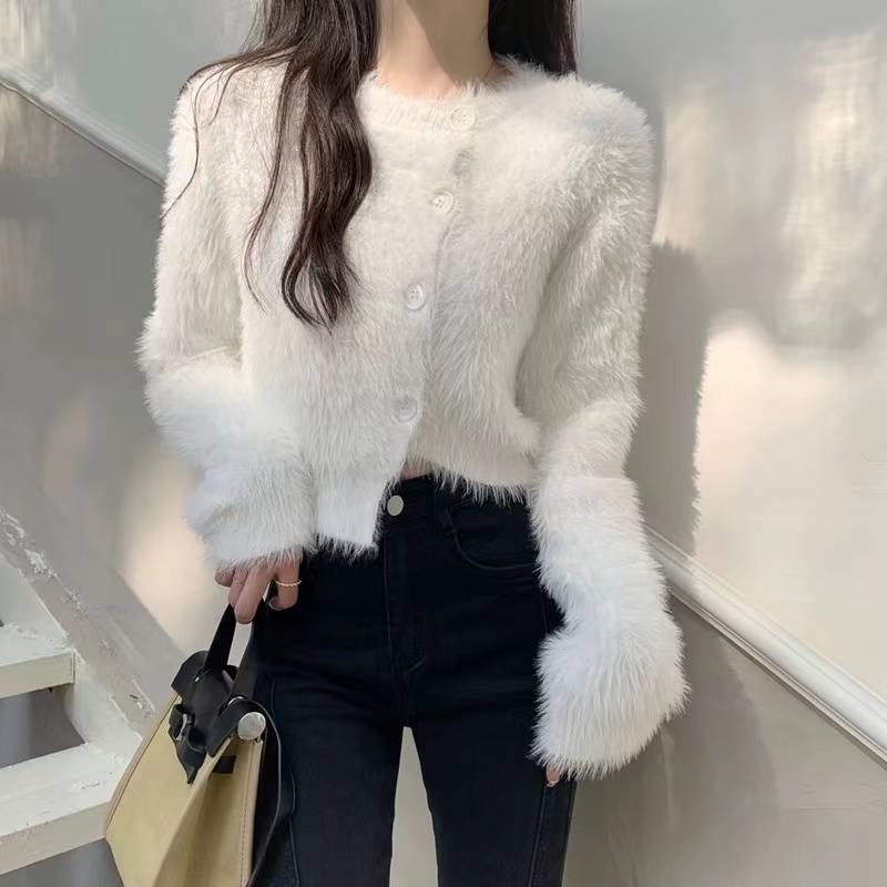 Pure desire wind imitation mink fur sweater cardigan jacket women autumn and winter 2023 new short loose white knitted top