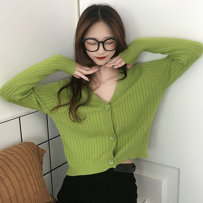 Korean version loose and versatile V-neck knitted cardigan autumn sweater with temperament long sleeves high waist short small coat trendy