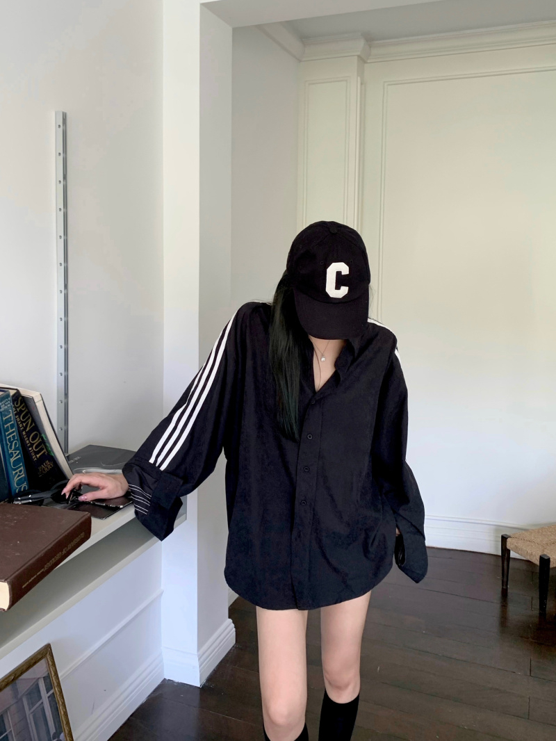 Autumn all-match sports shirt short coat women's loose niche striped slim design sense thin section casual outerwear top