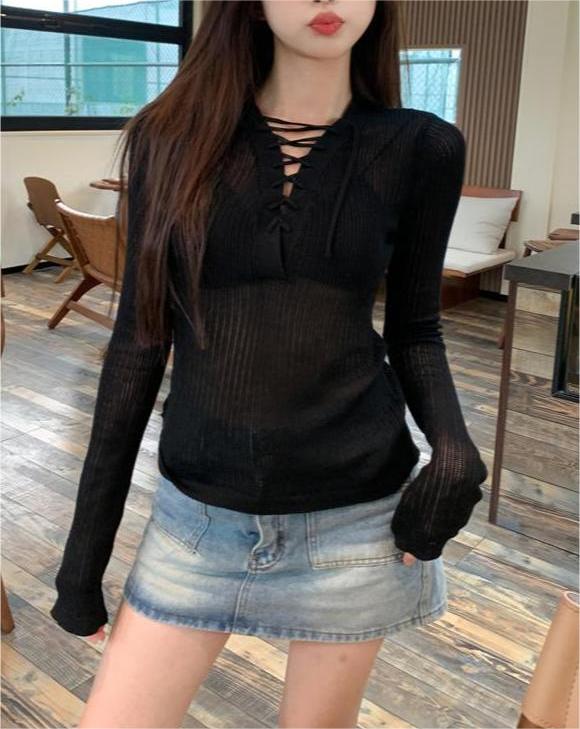 Hot girl style cross-tie lightweight long-sleeved slimming sweater