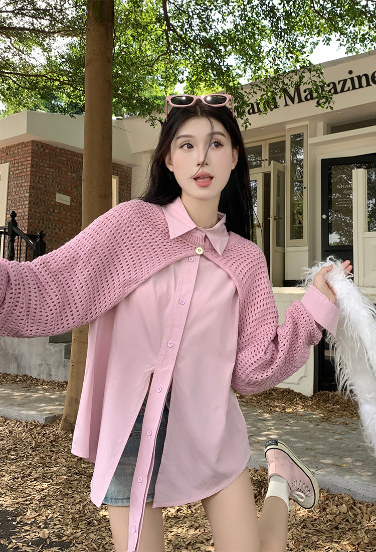 Korean Unnie~Early Autumn Design Stacked Two-piece Shirt + Long Sleeve Blouse
