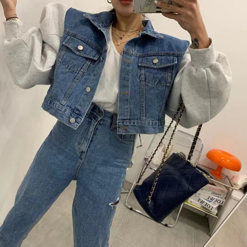 2023 Korean style pocket fashion splicing color gray coat lapel short slim denim
