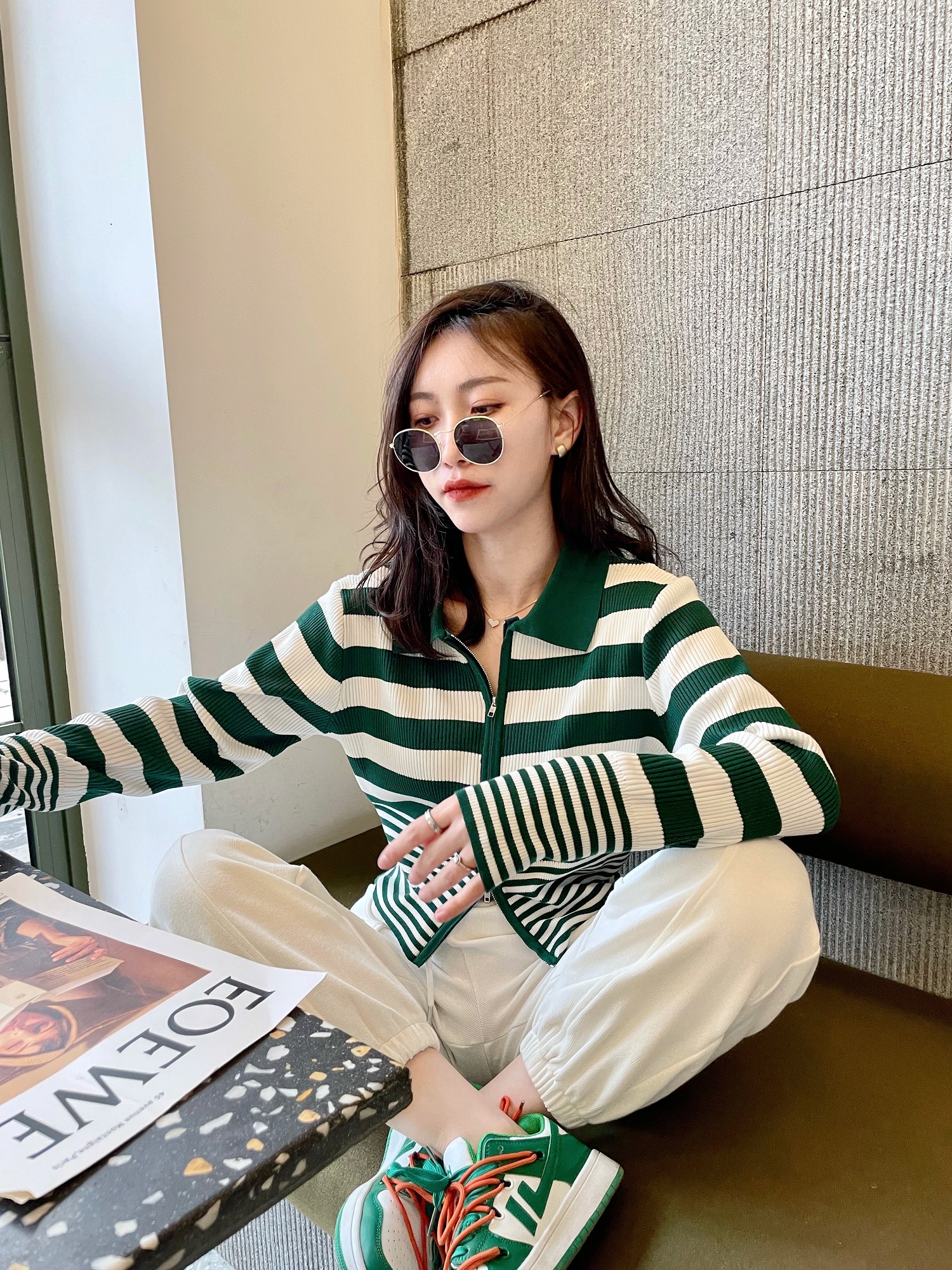 Miss Leaf striped POLO shirt knitted zipper cardigan women's short loose lapel sweater niche coat